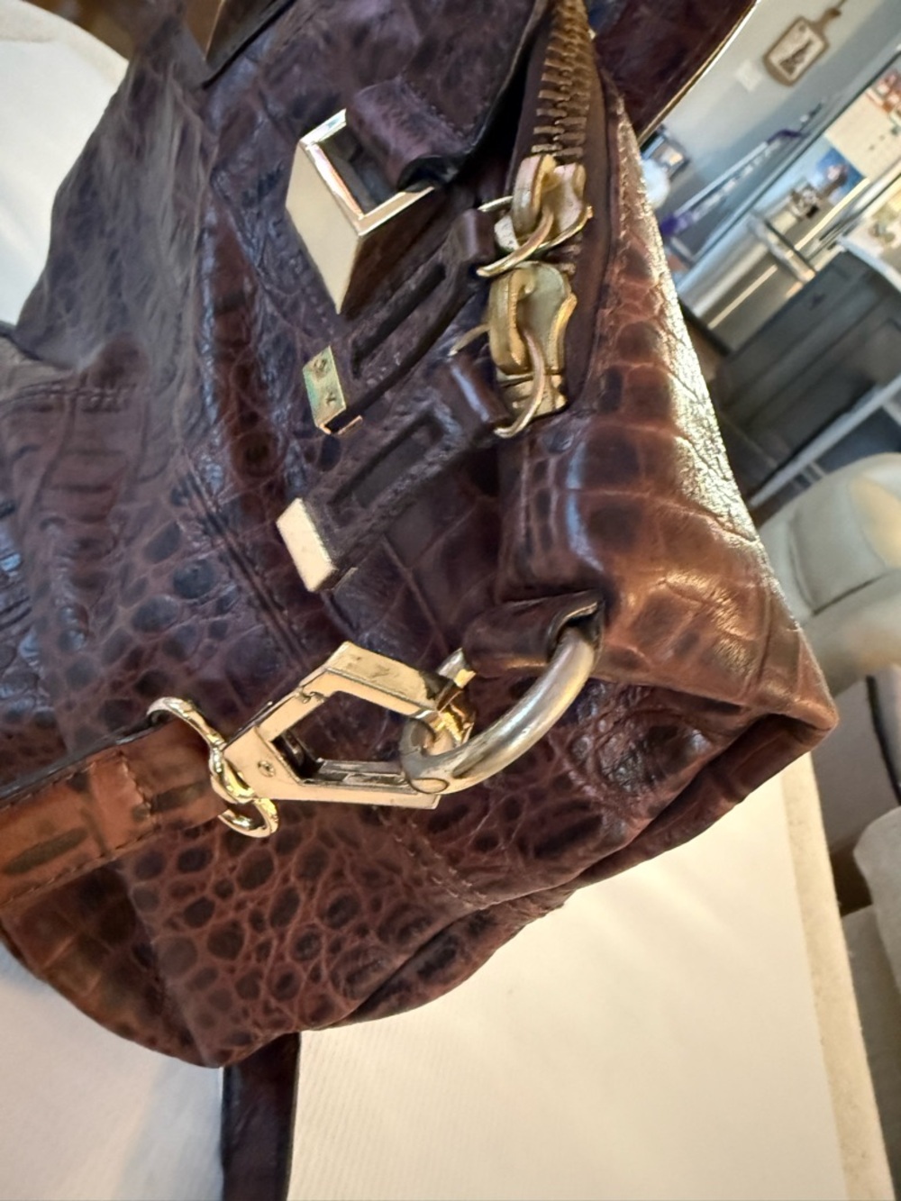 Vince Camuto Brown Croc-Embossed Leather Tote with Gold Hardware